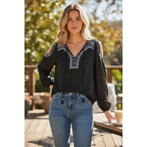 White House Black Market Size 12 Black Embroidered Boho Blouse Sheer Sleeve Top